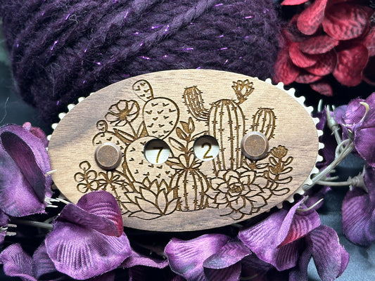 Wooden counter with cactus design on a floral background