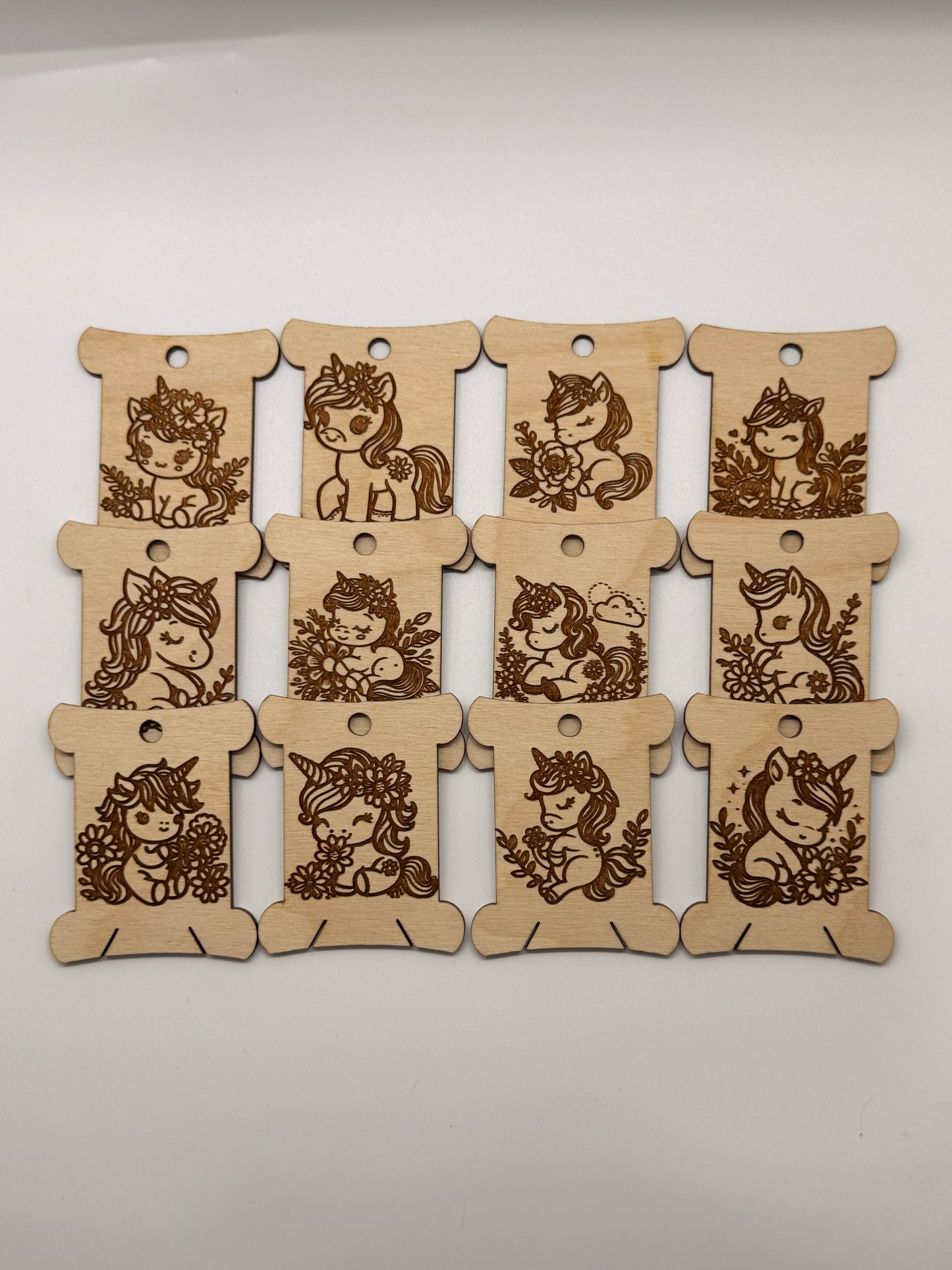 Unicorn Wooden Bobbins Set of 12 Embroidery Floss Organizer Cute Magical Cross Stitch Crafter Gift
