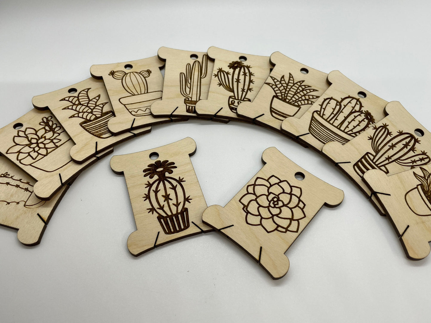 Wooden tags with cactus and succulent designs arranged in an arch on a light background