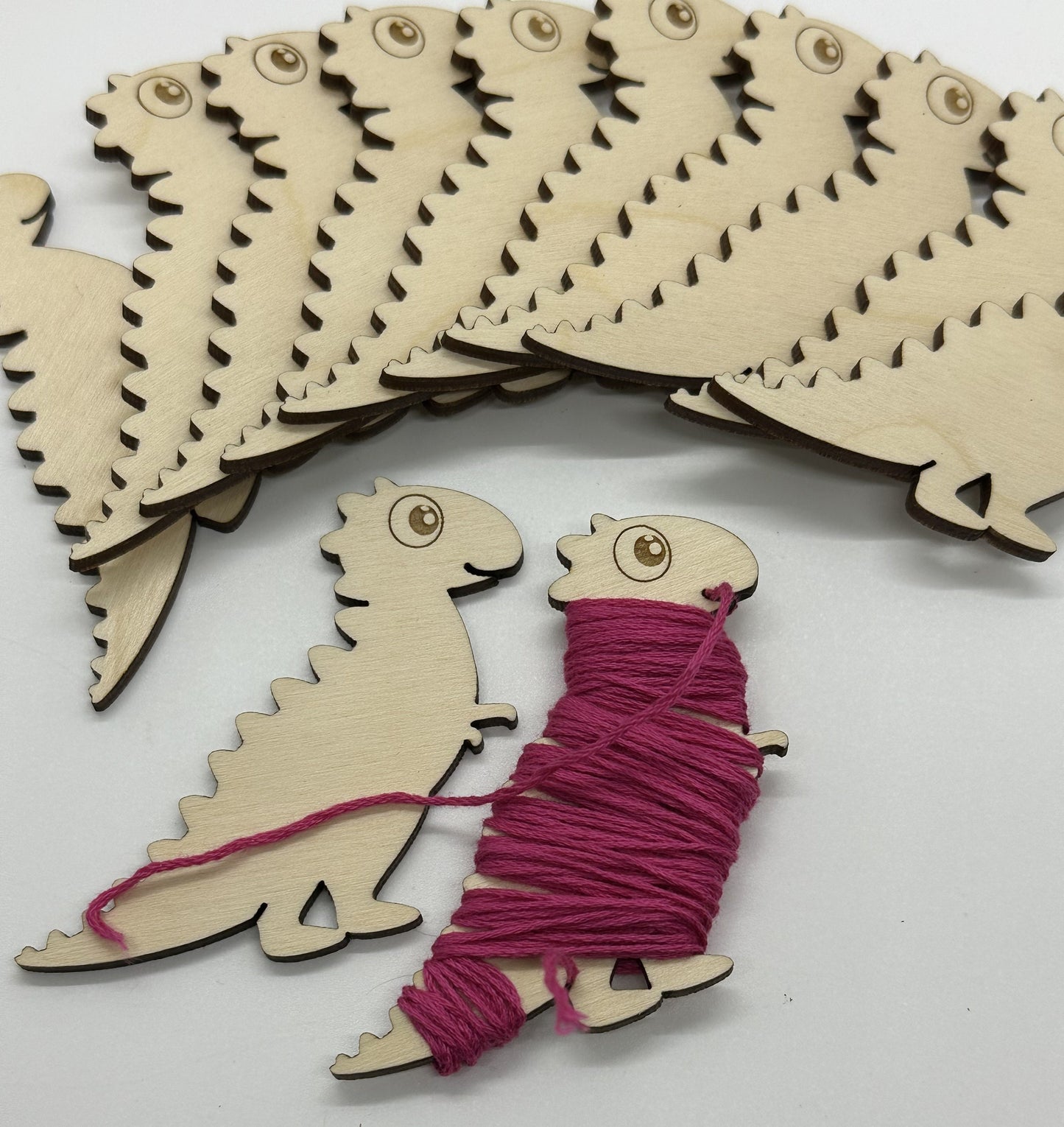 Dinosaur Wooden Bobbins Set of 12 Embroidery Floss Organizer Cross Stitch Fun Crafting Gift