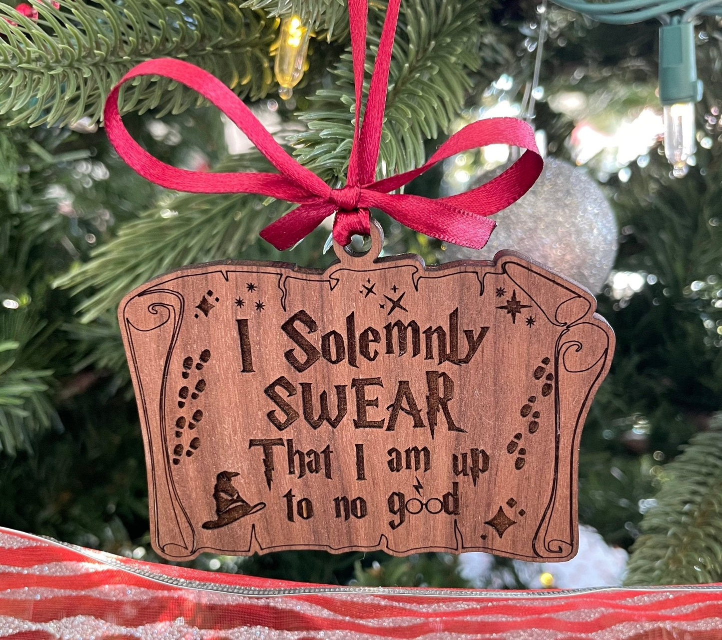 Laser engraved wooden I Solemnly Swear Christmas ornament on Christmas tree,, scroll design on birch plywood